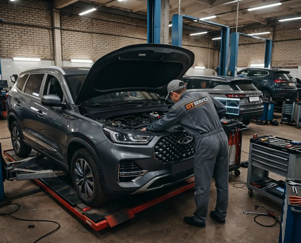 Мастер GT Service диагностирует китайский автомобиль перед ремонтом