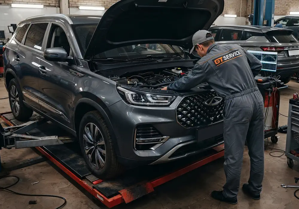 Мастер GT service диагностирует китайский автомобиль перед ремонтом